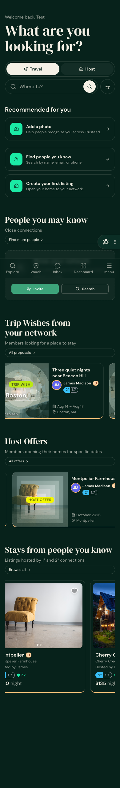 Real signed-in home (test account, phone) — 3 recommended actions; tour row correctly absent (account already onboarded)