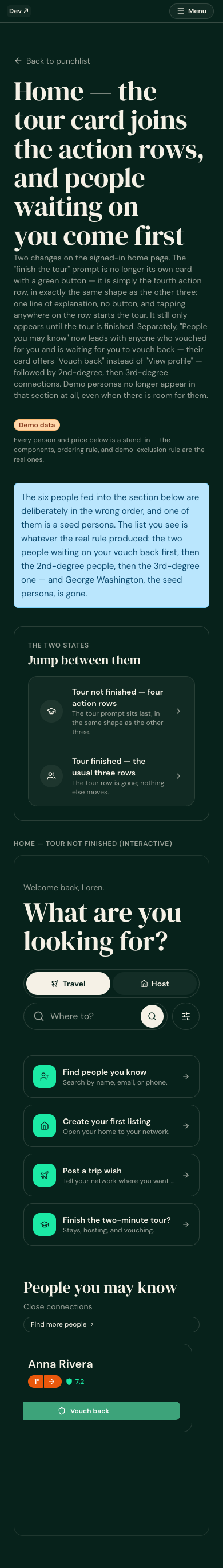 #4/#5 Production preview: tour is the 4th action row (no button, 1-line subhead 'Stays, hosting, and vouching.'); PYMK ordered vouch-back -> 2deg -> 3deg, seed persona excluded