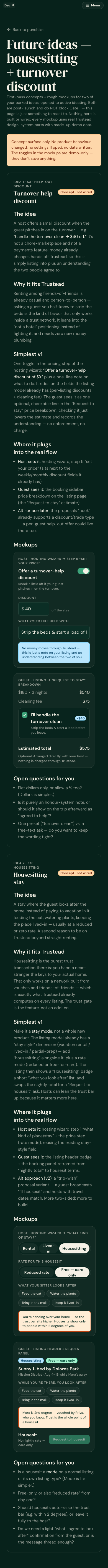 #9 Parked ideas concept page — BOTH Housesitting stay AND Help-out/turnover discount present (phone)