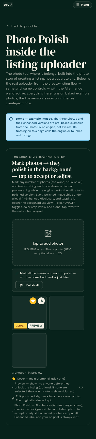 #1/#3 Photo Polish in the create-listing uploader — HEIC accepted, background polish (no auto-open dialog), zero 'filter' wording