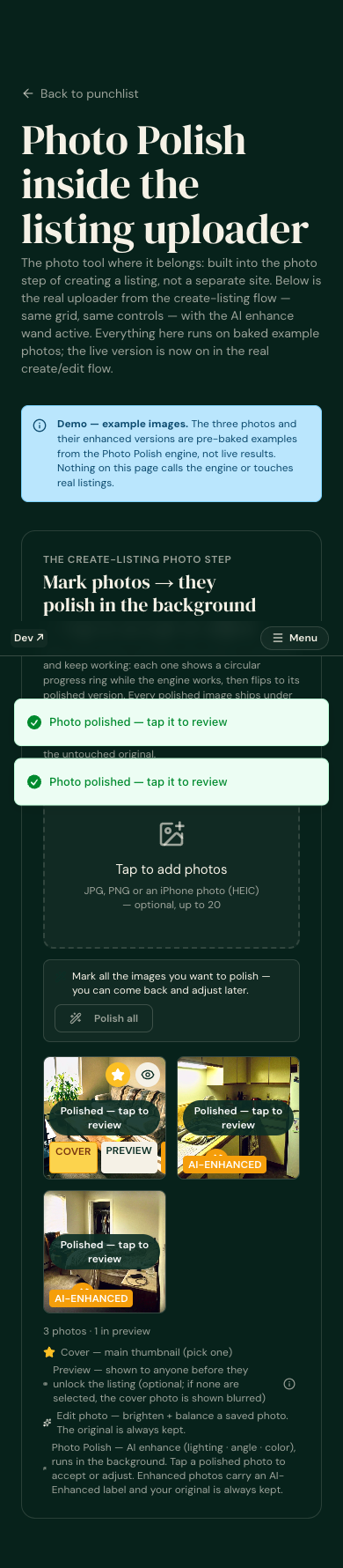 AI-ENHANCED disclosure badge present on polished photos (legal requirement) + 'Polished - tap to review'