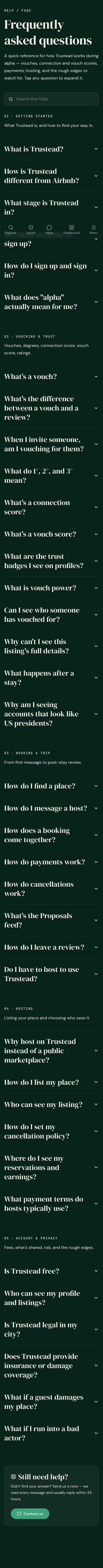 #7 Public FAQ page the vouch 'What's this?' tip + trust tips now link to (/faqs#... anchors, not /dev)