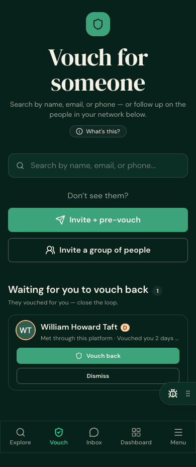 #6 CAVEAT: live STAGING /vouch shows the OLD sections design (William Howard Taft = demo 'D' badge) - staging is a STALE pre-tabs build, NOT production main